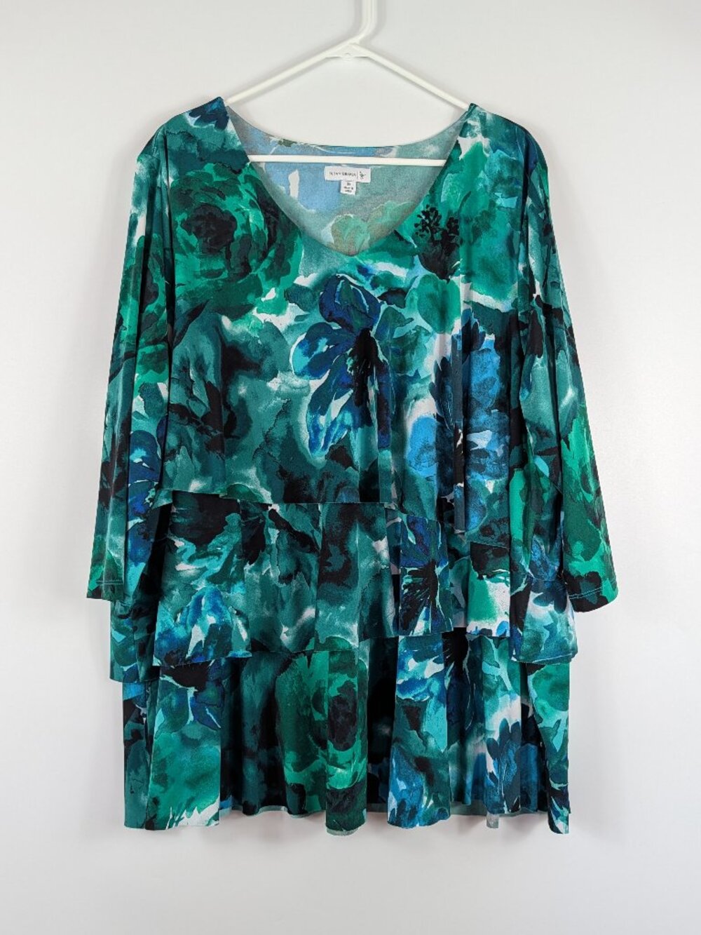 Susan Graver Tiered Ruffle Floral 3/4 Sleeve Tunic Top 3X